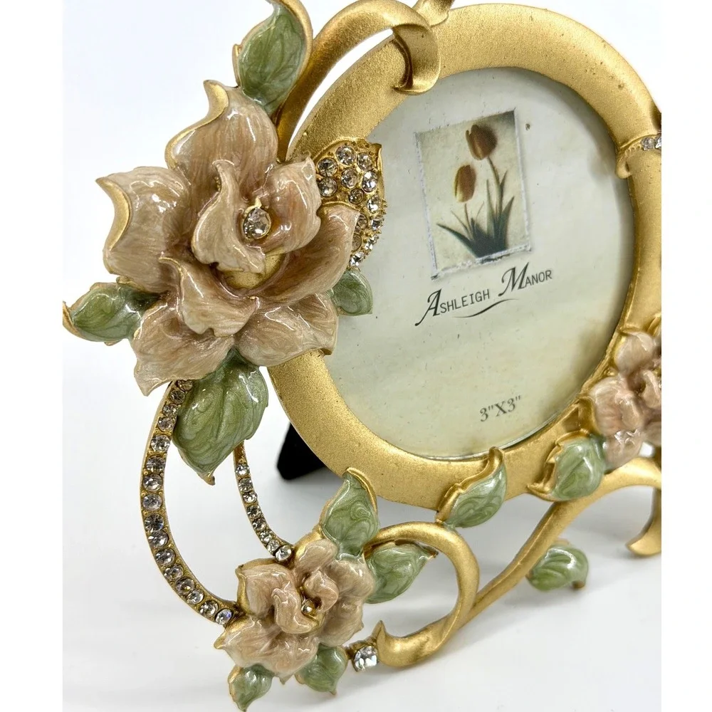 Ashleigh Manor Gold Enameled Flower Rhinestone Round 3x3 Picture Frame Vintage